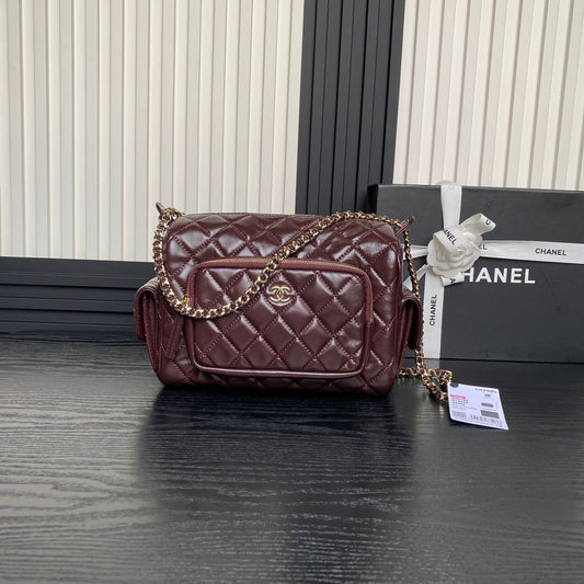 CHANEL 24K Camera Bag Burgundy Calfskin Gold Hardware