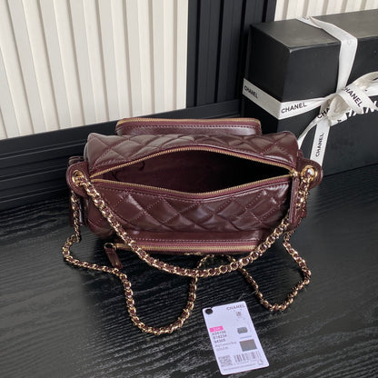 CHANEL 24K Camera Bag Burgundy Calfskin Gold Hardware