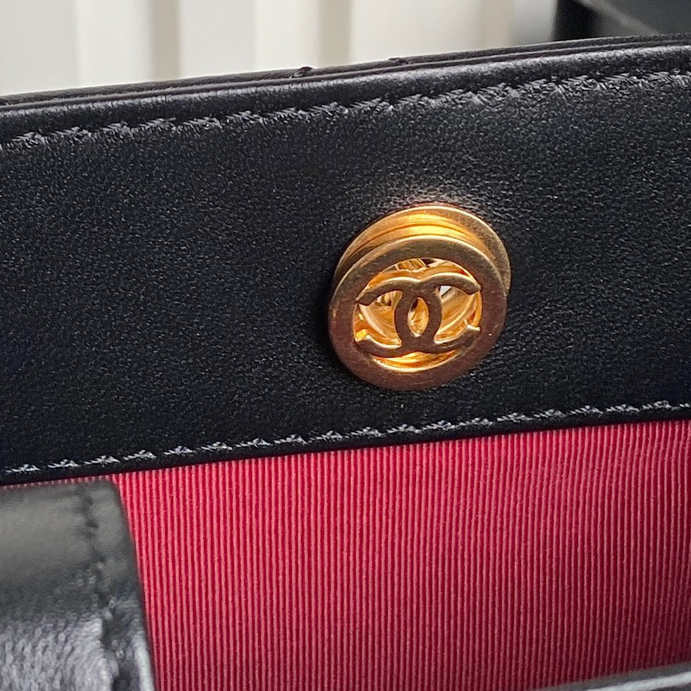 CHANEL 24K Shopping Bag 28cm Black Calfskin Gold Hardware