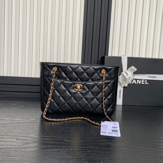 CHANEL 24K Shopping Bag 28cm Black Calfskin Gold Hardware