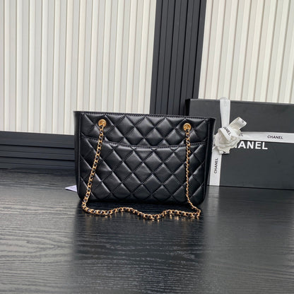 CHANEL 24K Shopping Bag 28cm Black Calfskin Gold Hardware