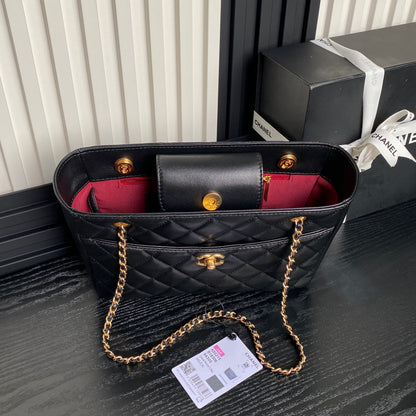 CHANEL 24K Shopping Bag 28cm Black Calfskin Gold Hardware
