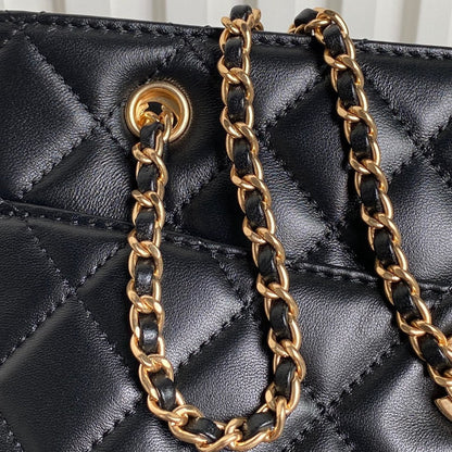 CHANEL 24K Shopping Bag 28cm Black Calfskin Gold Hardware