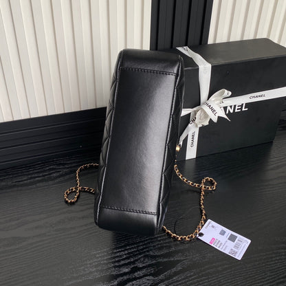 CHANEL 24K Shopping Bag 28cm Black Calfskin Gold Hardware