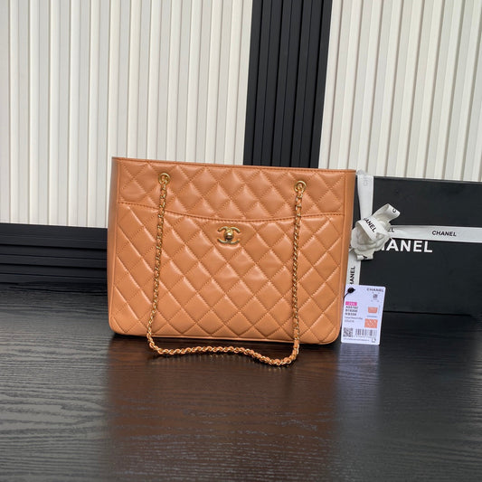 CHANEL 24K Shopping Bag 32cm Brown Calfskin Gold Hardware