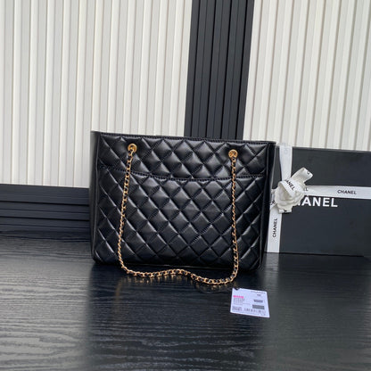 CHANEL 24K Shopping Bag 32cm Black Calfskin Gold Hardware