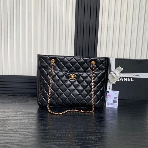 CHANEL 24K Shopping Bag 32cm Black Calfskin Gold Hardware