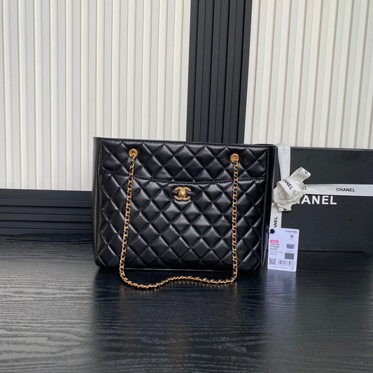 CHANEL 24K Shopping Bag 32cm Black Calfskin Gold Hardware
