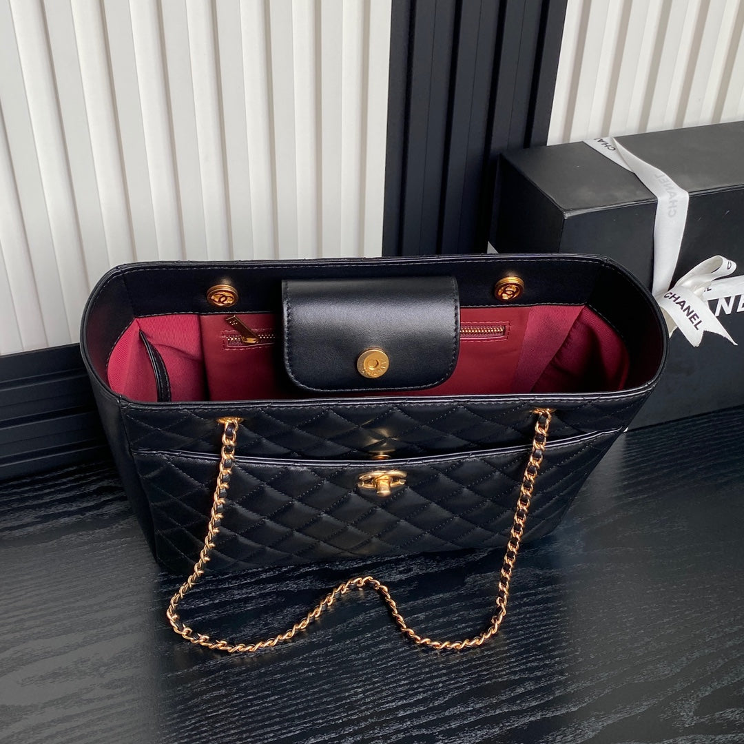 CHANEL 24K Shopping Bag 32cm Black Calfskin Gold Hardware