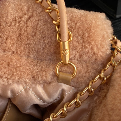 CHANEL 24K Hobo 22 Bag 20cm Brown Wool Fur