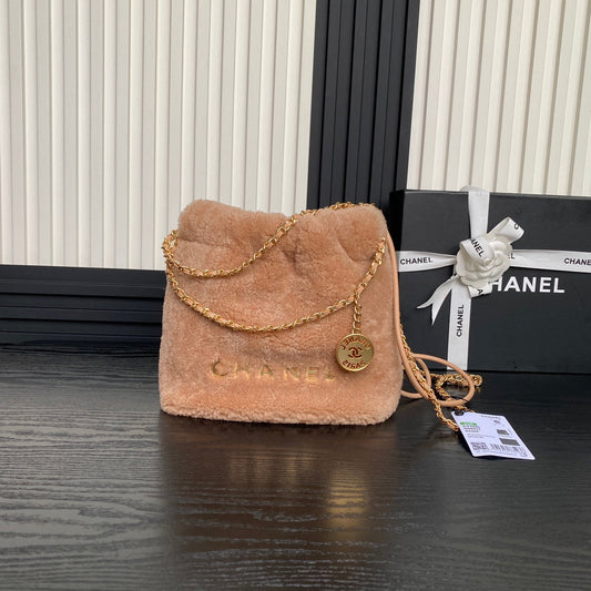 CHANEL 24K Hobo 22 Bag 20cm Brown Wool Fur
