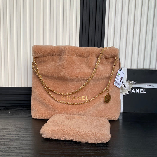 CHANEL 24K Hobo 22 Bag 39cm Brown Wool Fur