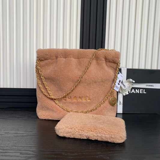 CHANEL 24K Hobo 22 Bag 35cm Brown Wool Fur