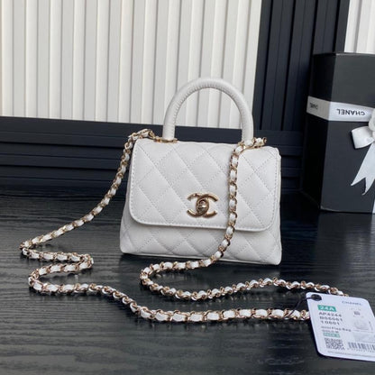 CHANEL 24K Coco Handle Nano 14.5cm White Grained Calfskin Gold Hardware