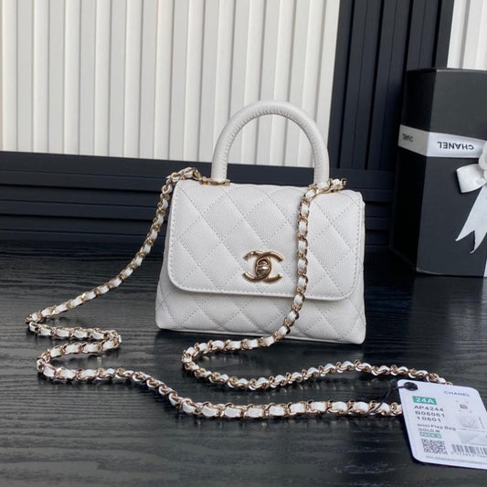 CHANEL 24K Coco Handle Nano 14.5cm White Grained Calfskin Gold Hardware