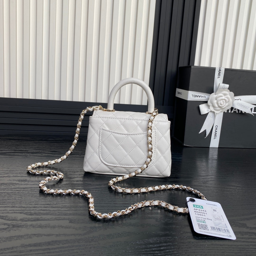 CHANEL 24K Coco Handle Nano 14.5cm White Grained Calfskin Gold Hardware