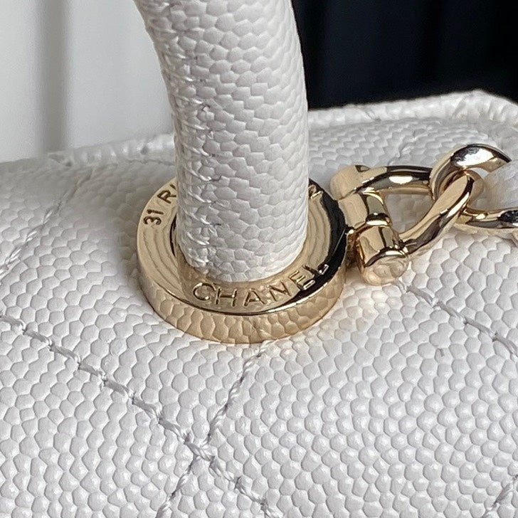 CHANEL 24K Coco Handle Nano 14.5cm White Grained Calfskin Gold Hardware