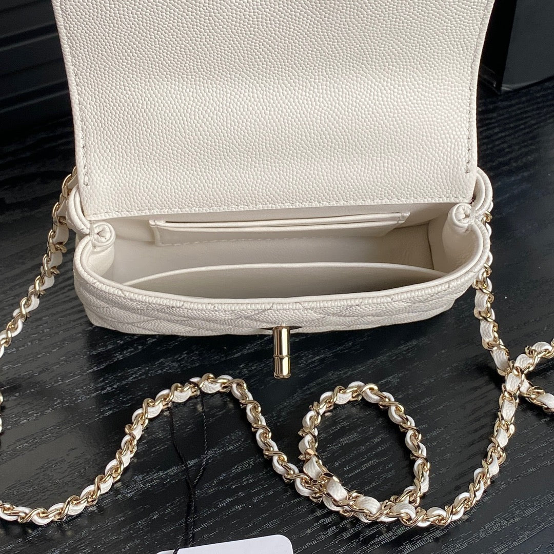 CHANEL 24K Coco Handle Nano 14.5cm White Grained Calfskin Gold Hardware