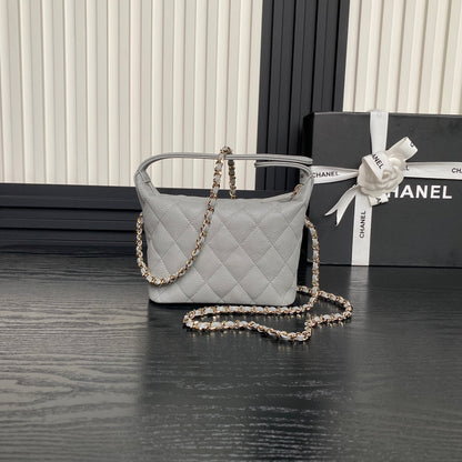 CHANEL 25C Hobo Bag 21.5cm Top Handle Grey Grained Calfskin