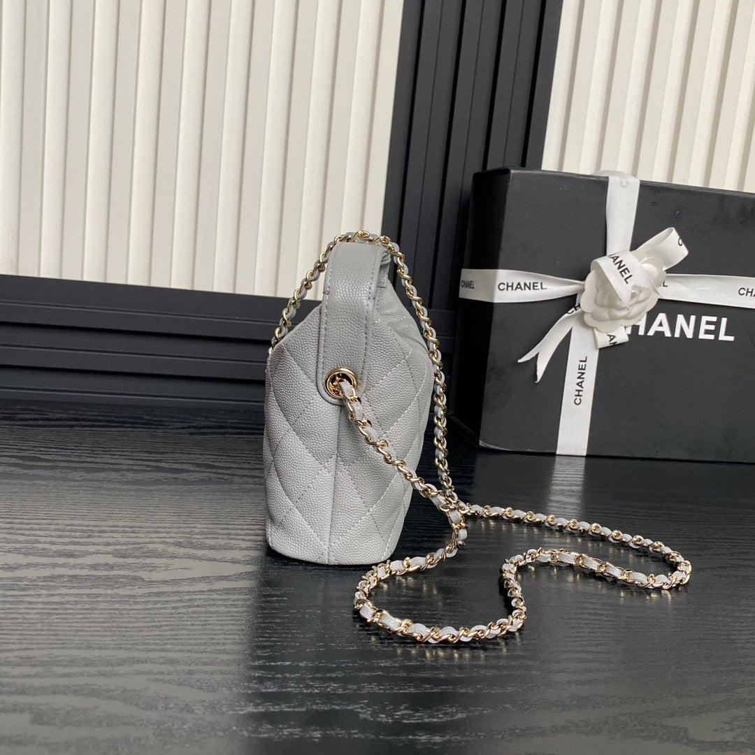 CHANEL 25C Hobo Bag 21.5cm Top Handle Grey Grained Calfskin