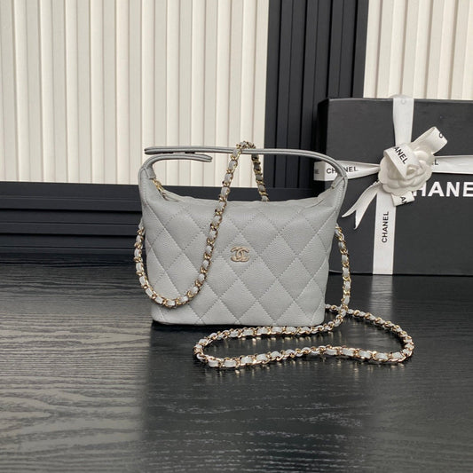 CHANEL 25C Hobo Bag 21.5cm Top Handle Grey Grained Calfskin