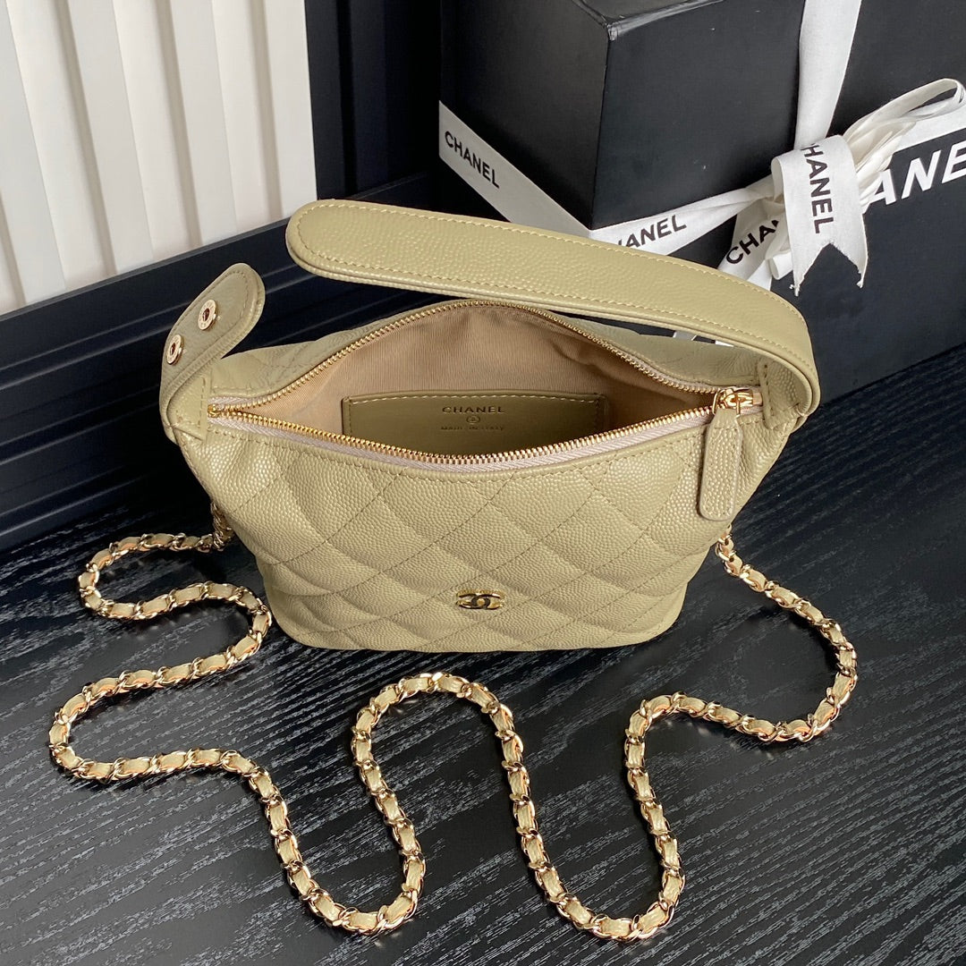 CHANEL 25C Hobo Bag 21.5cm Top Handle Beige Grained Calfskin