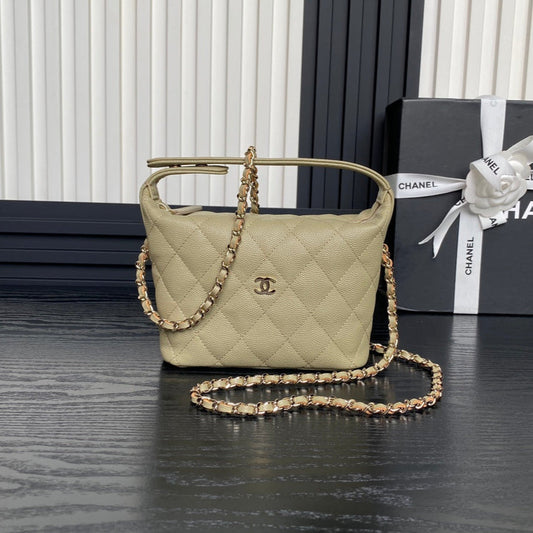 CHANEL 25C Hobo Bag 21.5cm Top Handle Beige Grained Calfskin
