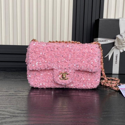 CHANEL 24K Flap Bag 20cm Pink Sequin