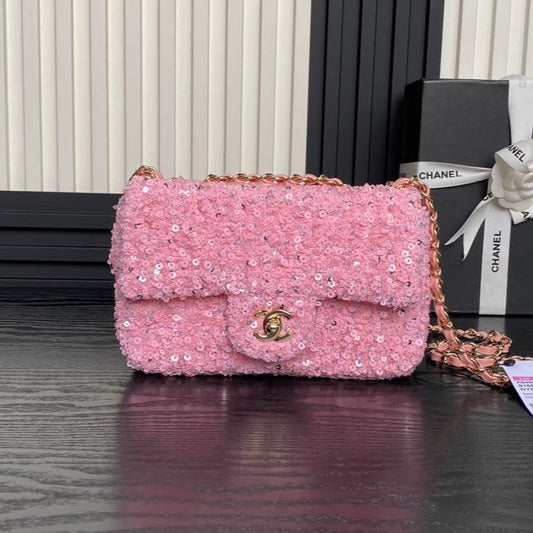 CHANEL 24K Flap Bag 20cm Pink Sequin