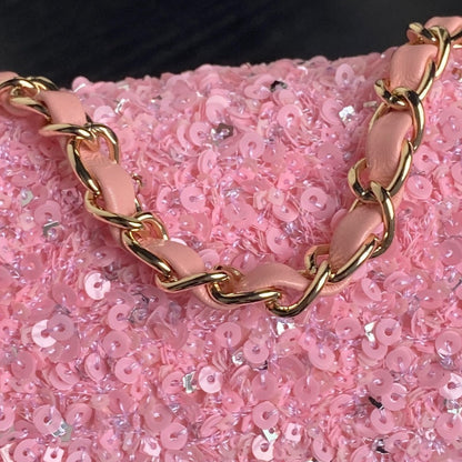 CHANEL 24K Flap Bag 20cm Pink Sequin