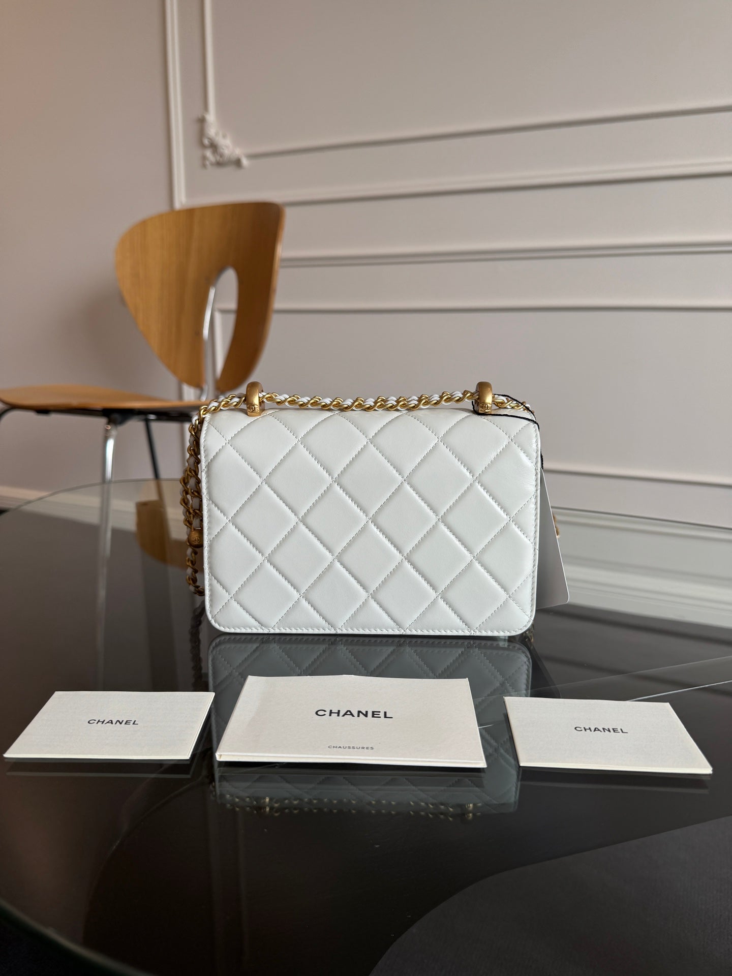 CHANEL Mini Flap 19cm White Lambskin Gold Hardware