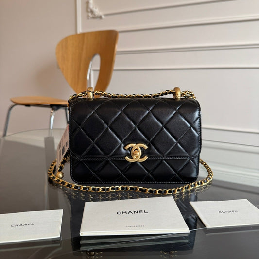CHANEL Mini Flap 19cm Black Lambskin Gold Hardware