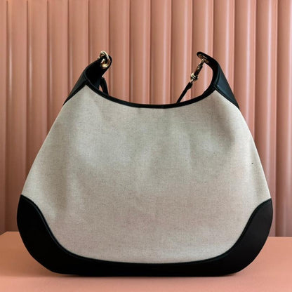 Gucci BODY MEDIUM SHOULDER BAD 49 IN NATURAL CANVAS AND BLACK CALFSKIN GOLD HARDWARE