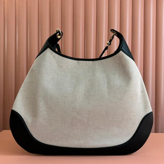 Gucci BODY MEDIUM SHOULDER BAD 49 IN NATURAL CANVAS AND BLACK CALFSKIN GOLD HARDWARE