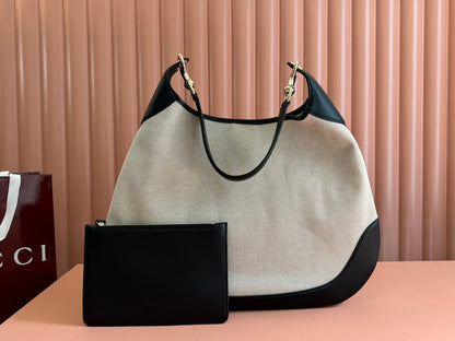 Gucci BODY MEDIUM SHOULDER BAD 49 IN NATURAL CANVAS AND BLACK CALFSKIN GOLD HARDWARE