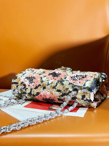 CHANEL 24S Flap Bag 25.5cm Multicolor Sequin Pink Flower Pearl Caflskin