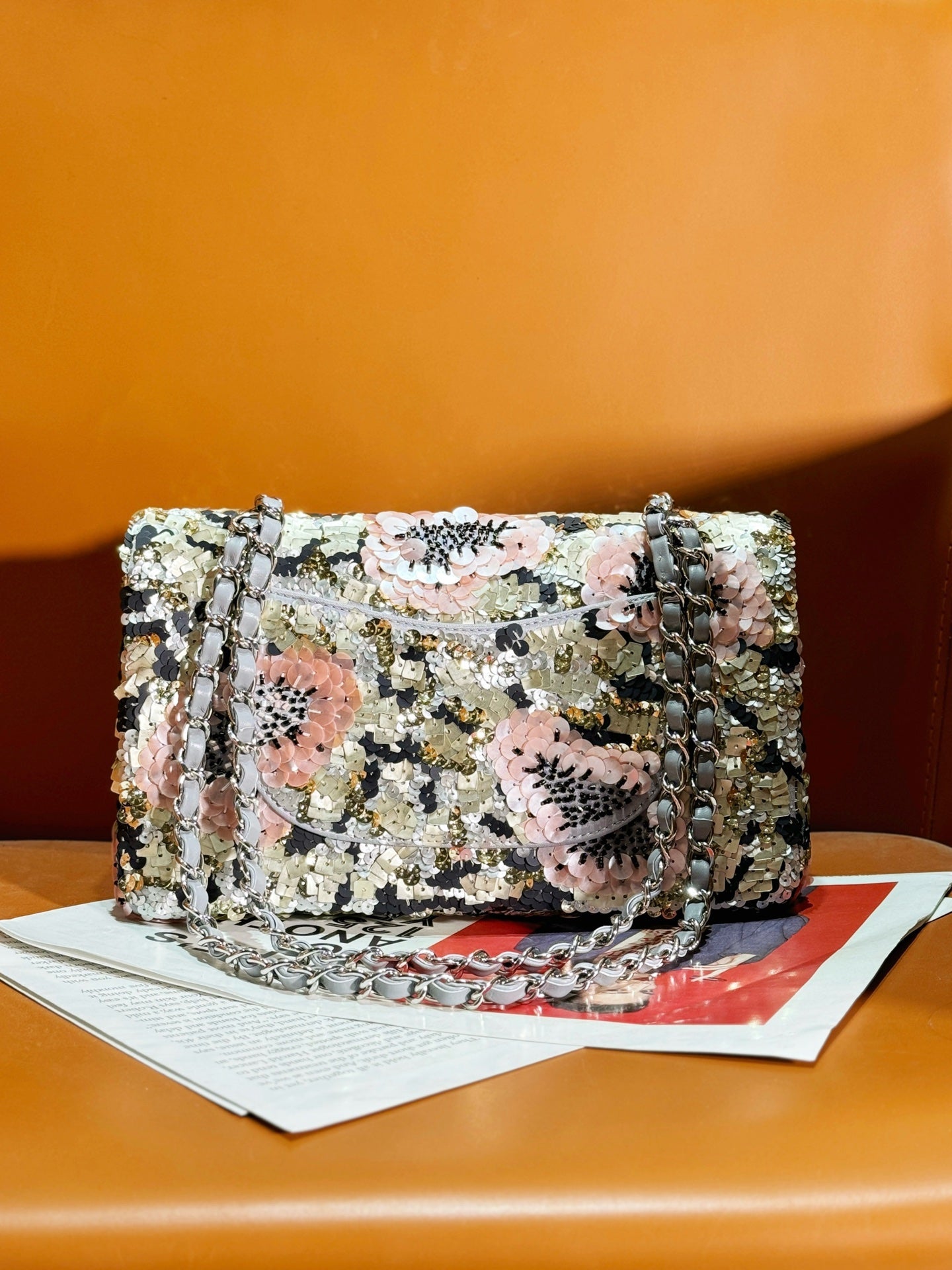 CHANEL 24S Flap Bag 25.5cm Multicolor Sequin Pink Flower Pearl Caflskin