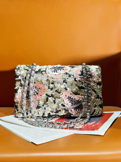 CHANEL 24S Flap Bag 25.5cm Multicolor Sequin Pink Flower Pearl Caflskin