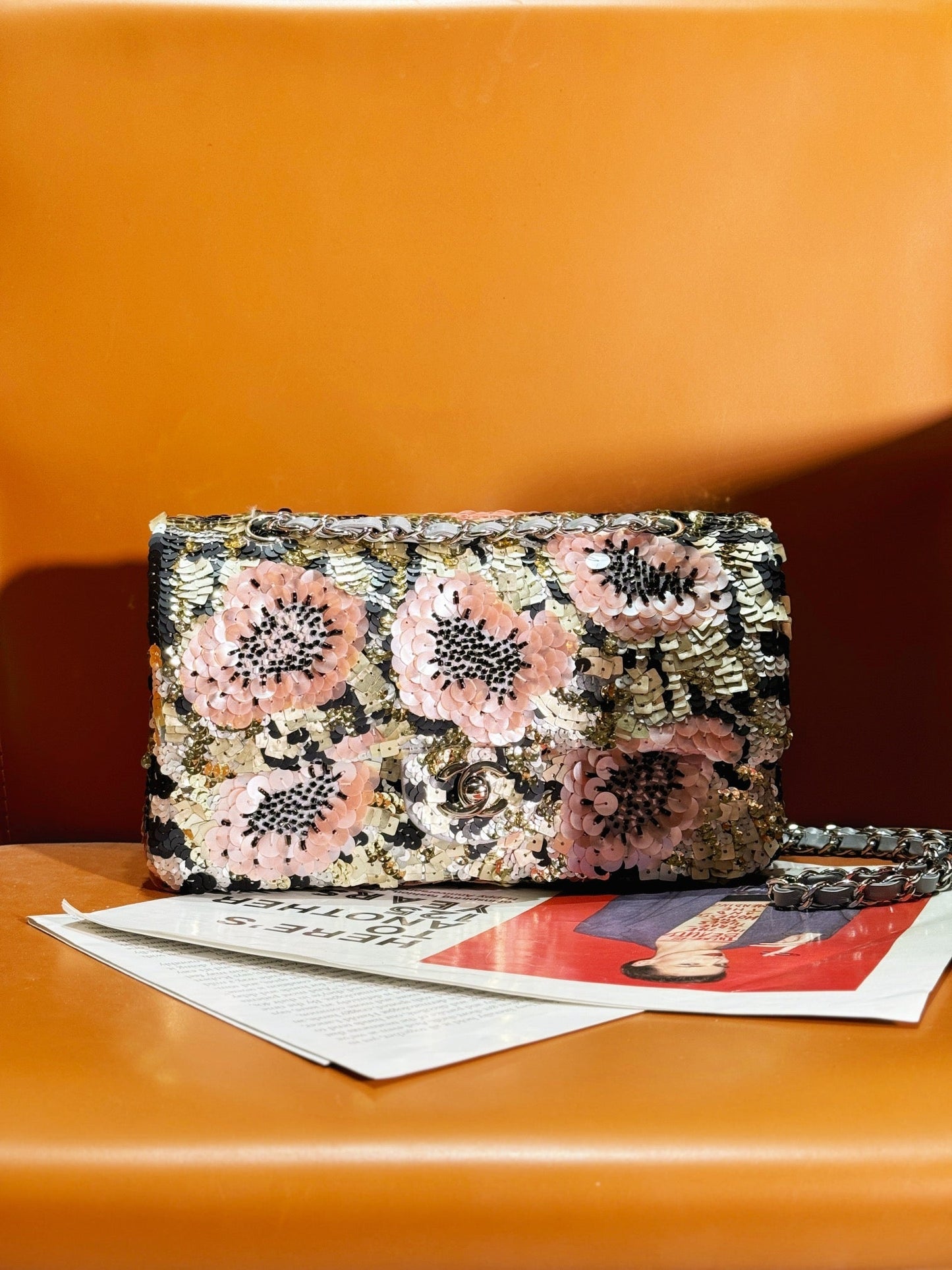 CHANEL 24S Flap Bag 25.5cm Multicolor Sequin Pink Flower Pearl Caflskin