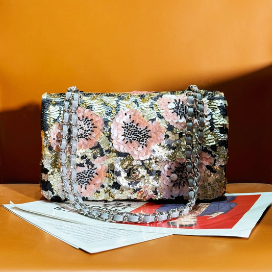 CHANEL 24S Flap Bag 25.5cm Multicolor Sequin Pink Flower Pearl Caflskin