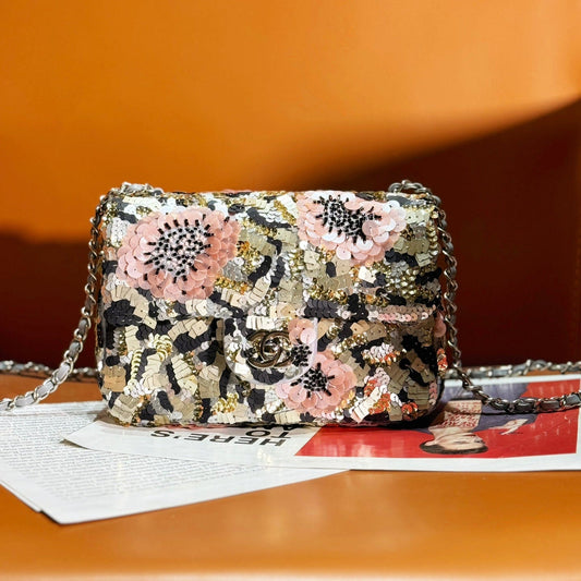 CHANEL 24S Flap Bag 20cm Multicolor Sequin Pink Flower Pearl Caflskin