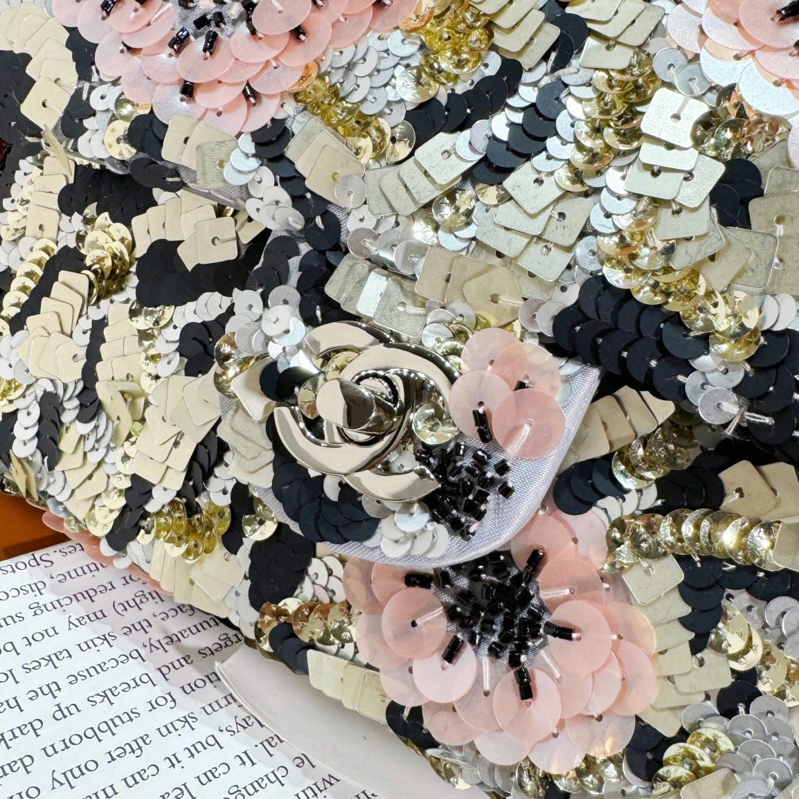 CHANEL 24S Flap Bag 20cm Multicolor Sequin Pink Flower Pearl Caflskin
