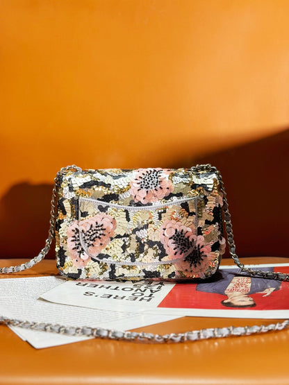 CHANEL 24S Flap Bag 20cm Multicolor Sequin Pink Flower Pearl Caflskin