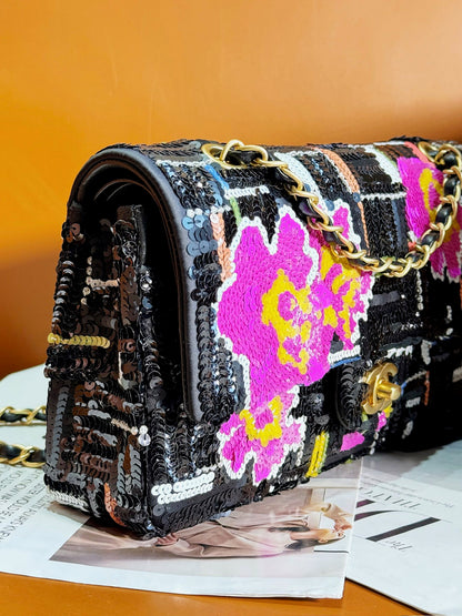CHANEL 24S Flap Bag 25.5cm Black White Purple Sequin
