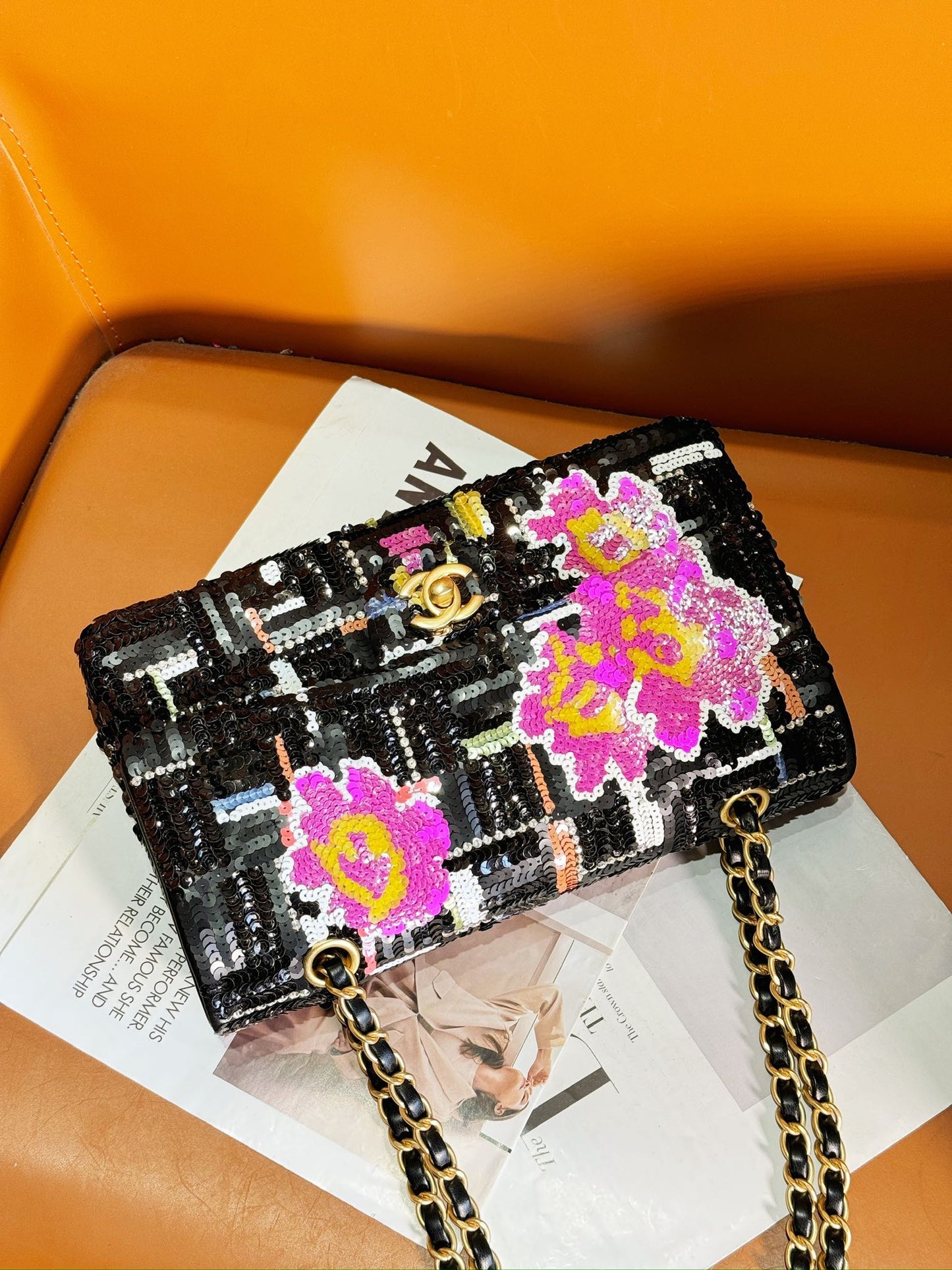 CHANEL 24S Flap Bag 25.5cm Black White Purple Sequin