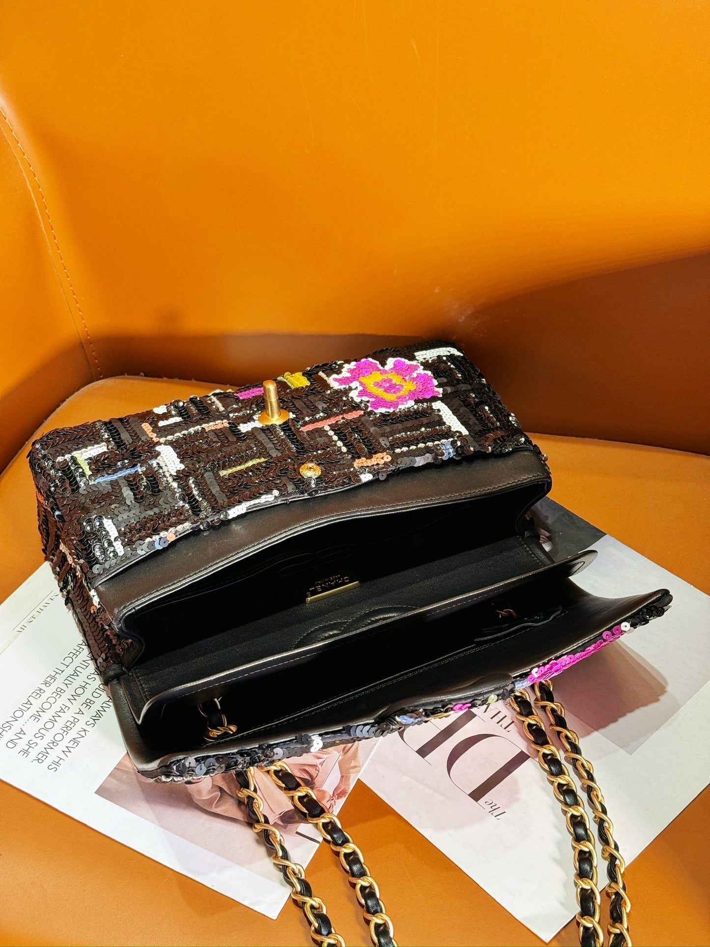 CHANEL 24S Flap Bag 25.5cm Black White Purple Sequin