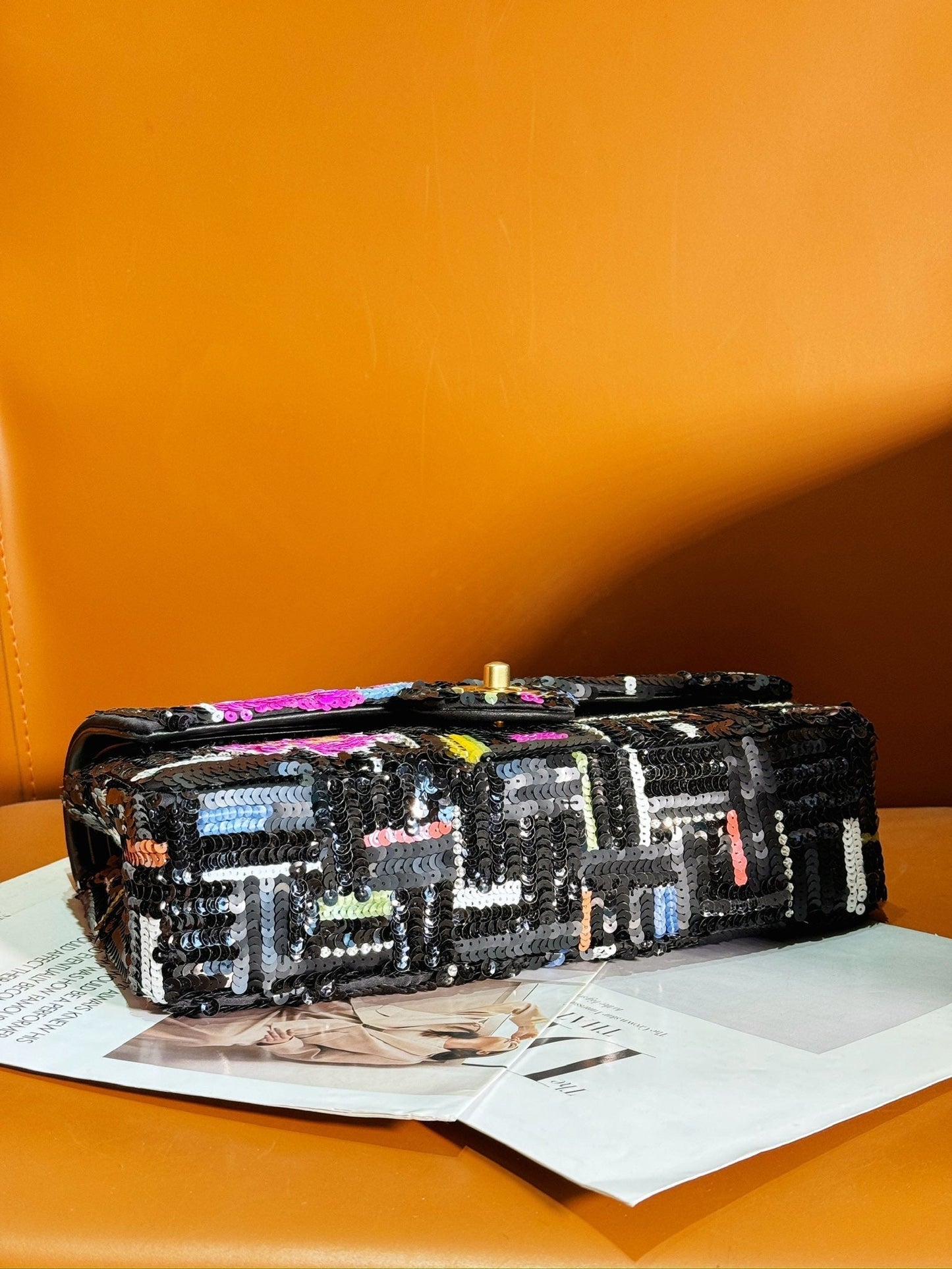 CHANEL 24S Flap Bag 25.5cm Black White Purple Sequin