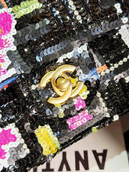 CHANEL 24S Flap Bag 25.5cm Black White Purple Sequin
