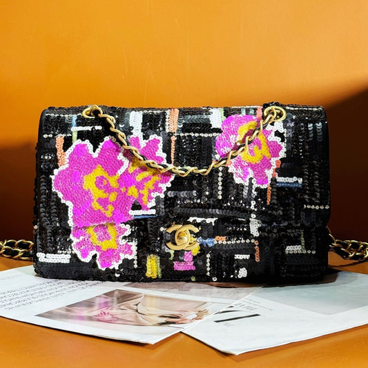 CHANEL 24S Flap Bag 25.5cm Black White Purple Sequin