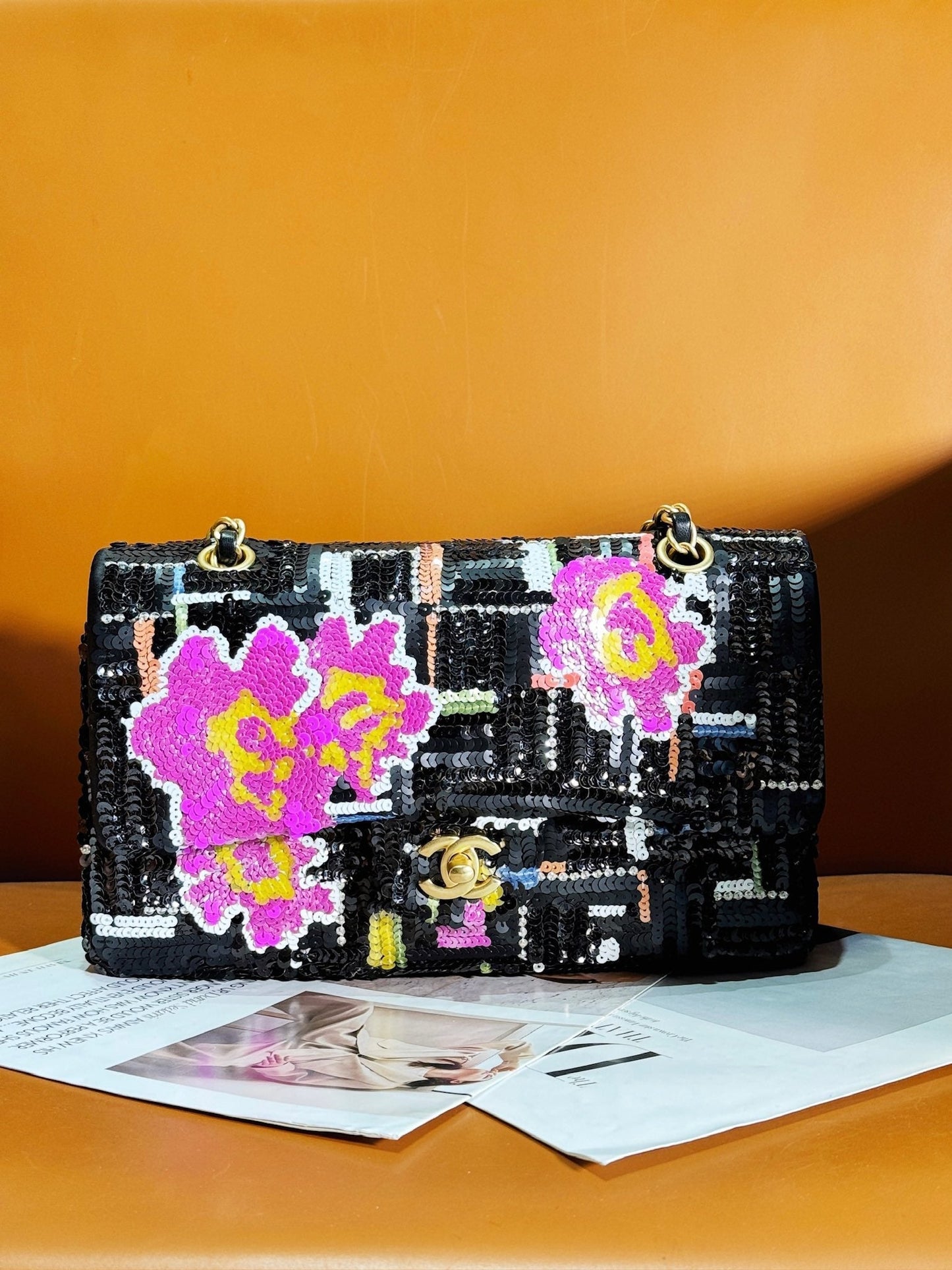 CHANEL 24S Flap Bag 25.5cm Black White Purple Sequin